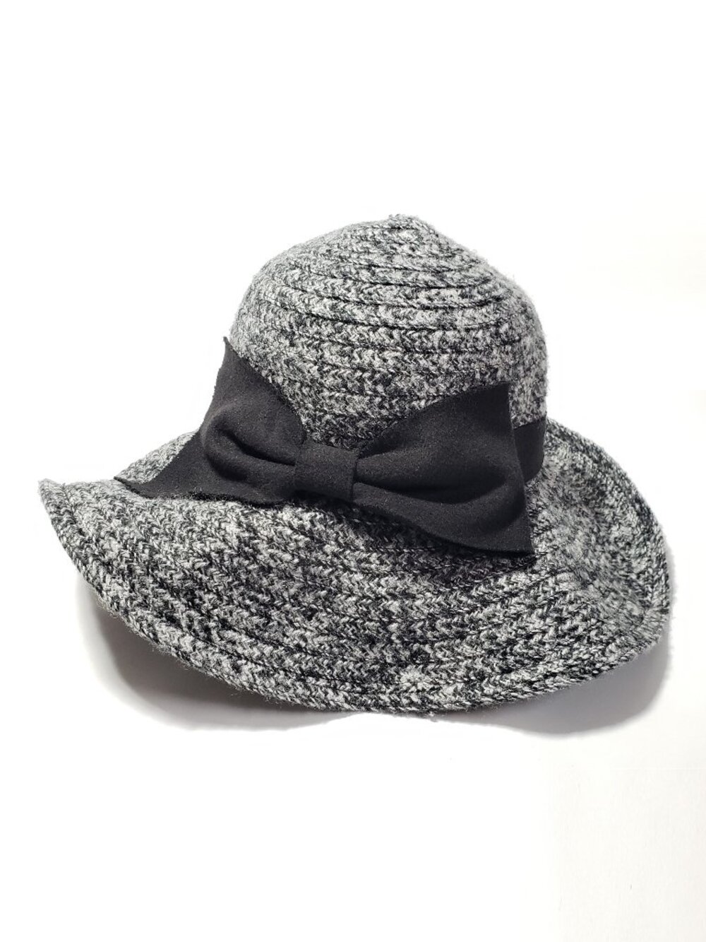 Jessica Simpson Floppy Sun Hat Wide Brim Heather Grey Black Bow Tweed One-Size